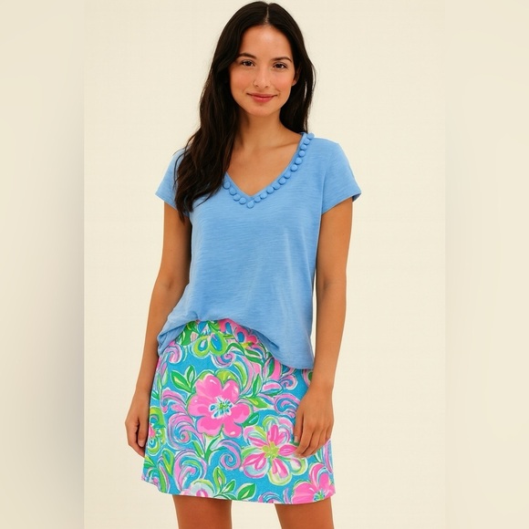 Lilly Pulitzer Etta Pom Pom top Zanzibar blue size XXS Pima cotton v neck shirt - Picture 1 of 9